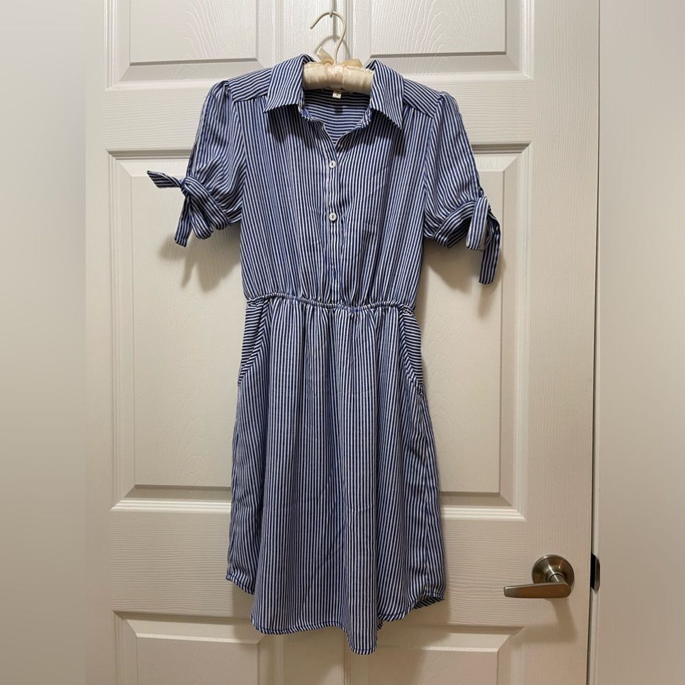 Monteau Womens Dress Size S Stripes Blue White Waist Band Pockets